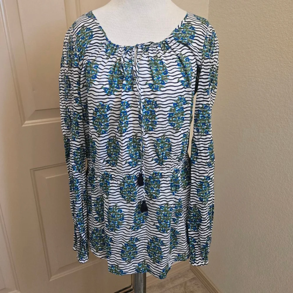 Tory Burch Evelina Floral Print Blouse Size 10 White Blue